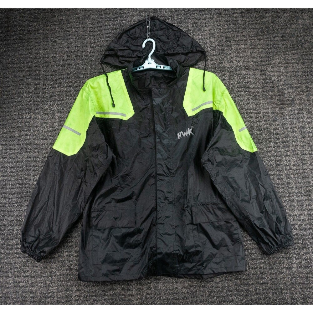 HWK Motorcycle Rain Jacket Mens 4X Black Green Full Zip Hooded Waterproof Biker